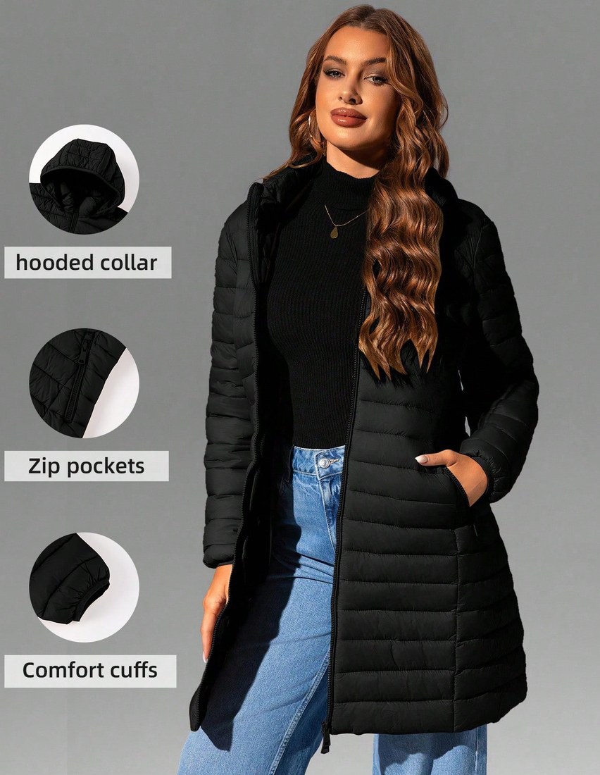 Women s Casual Hooded Jacket With Pockets Thick Design Lightweight And Breathable Suitable For Daily Wear Autumn Winter Black Elegant