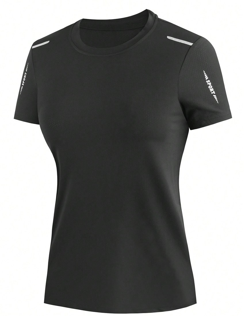 Women s Quick Drying Black Crew Neck Short Sleeve Sports T Shirt Top With Shoulder Stripe Detail For Training