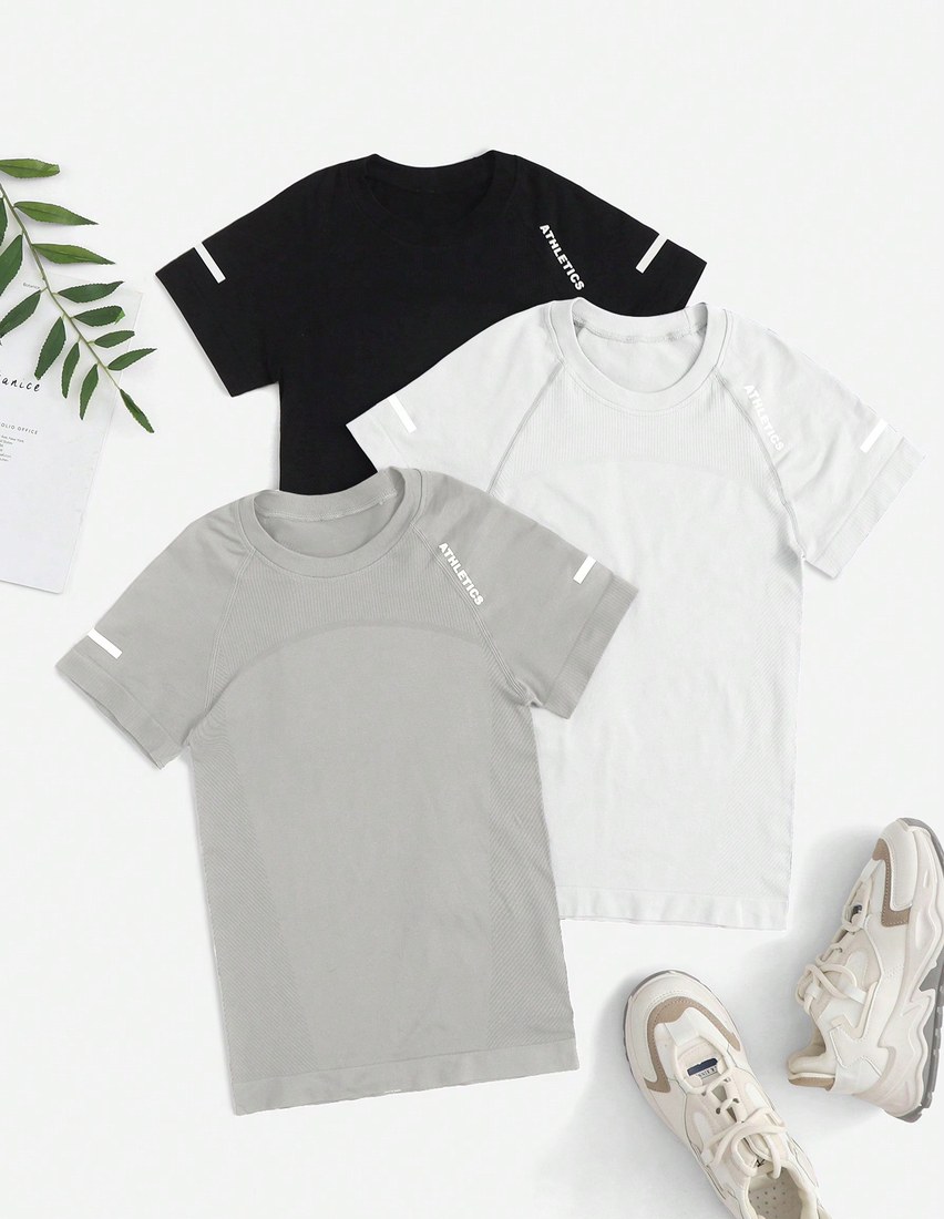 3pcs Letter Graphic Raglan Sleeve Sports Tee Gym Top