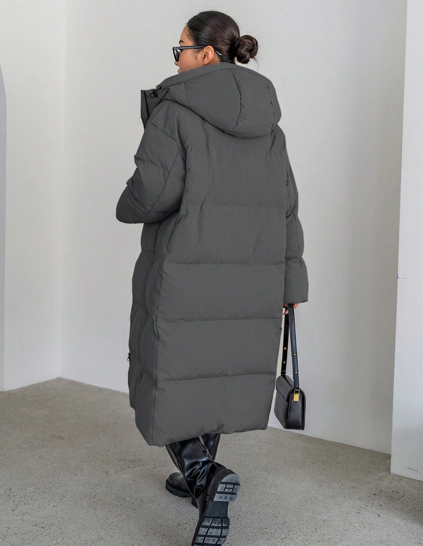 拉链抽绳连帽羽绒服，女士冬季服装，女士冬装外套