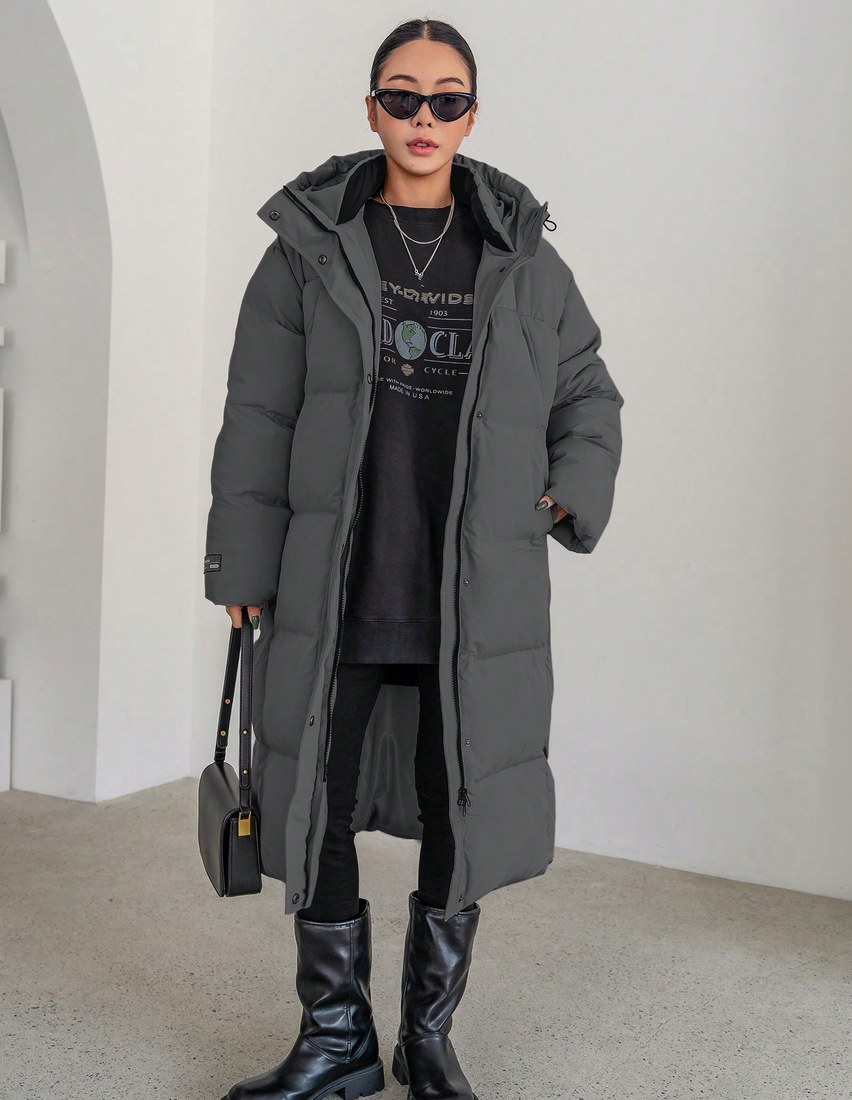 拉链抽绳连帽羽绒服，女士冬季服装，女士冬装外套