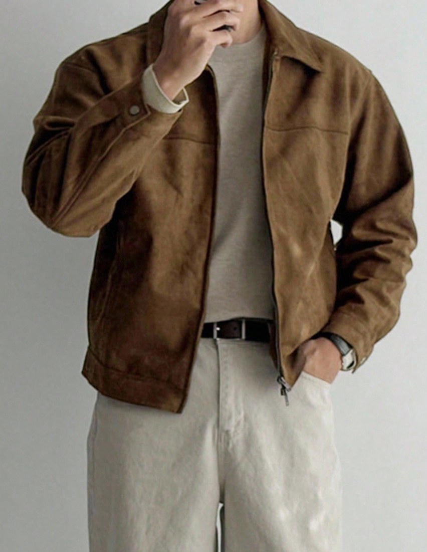 Men s Solid Brown Suede Faux Fur Jacket Autumn