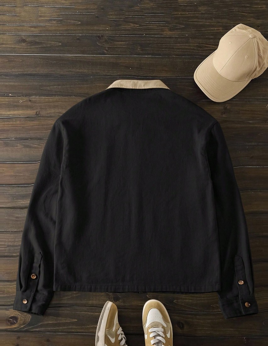 Men s Black And Beige Colorblock Zip Up Casual Jacket Autumn Slim Fit Woven Shacket With Shirt Collar Holiday Vintage Cropped Coat Father s Day Gifts