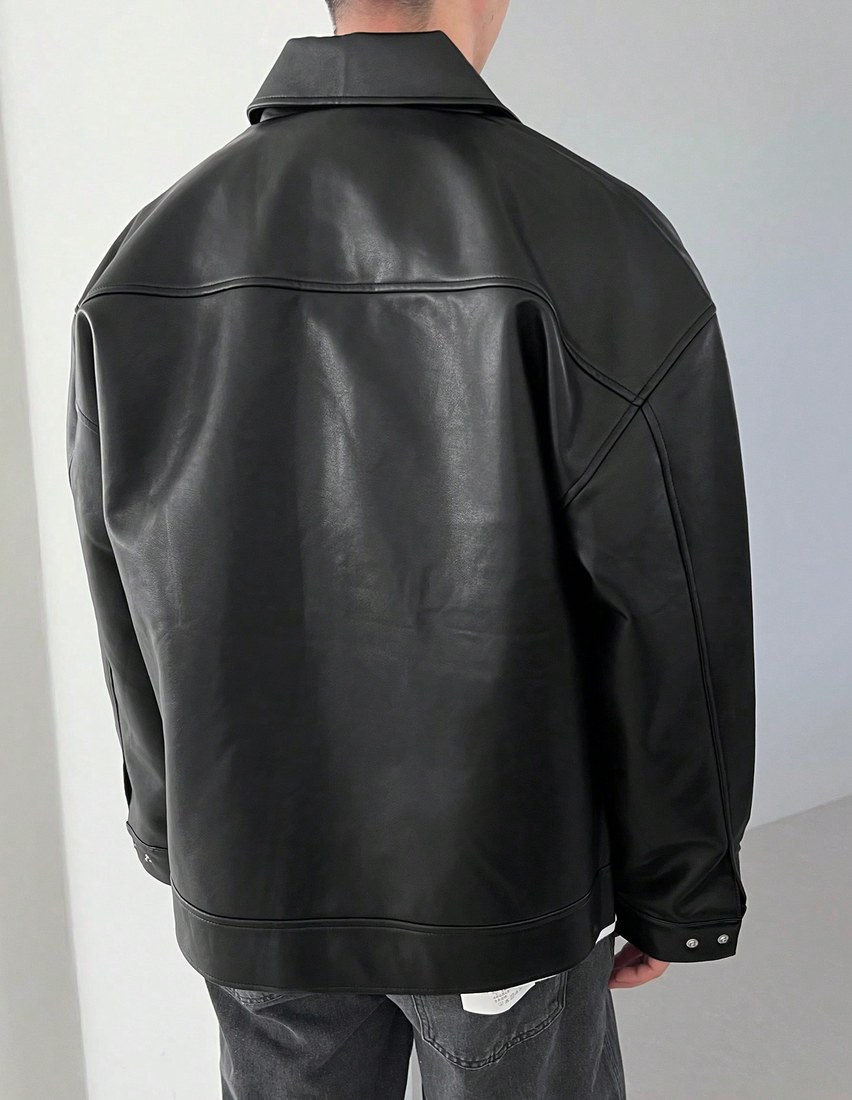 1pc Men Plain Black Faux Leather Jacket For Autumn Grunge