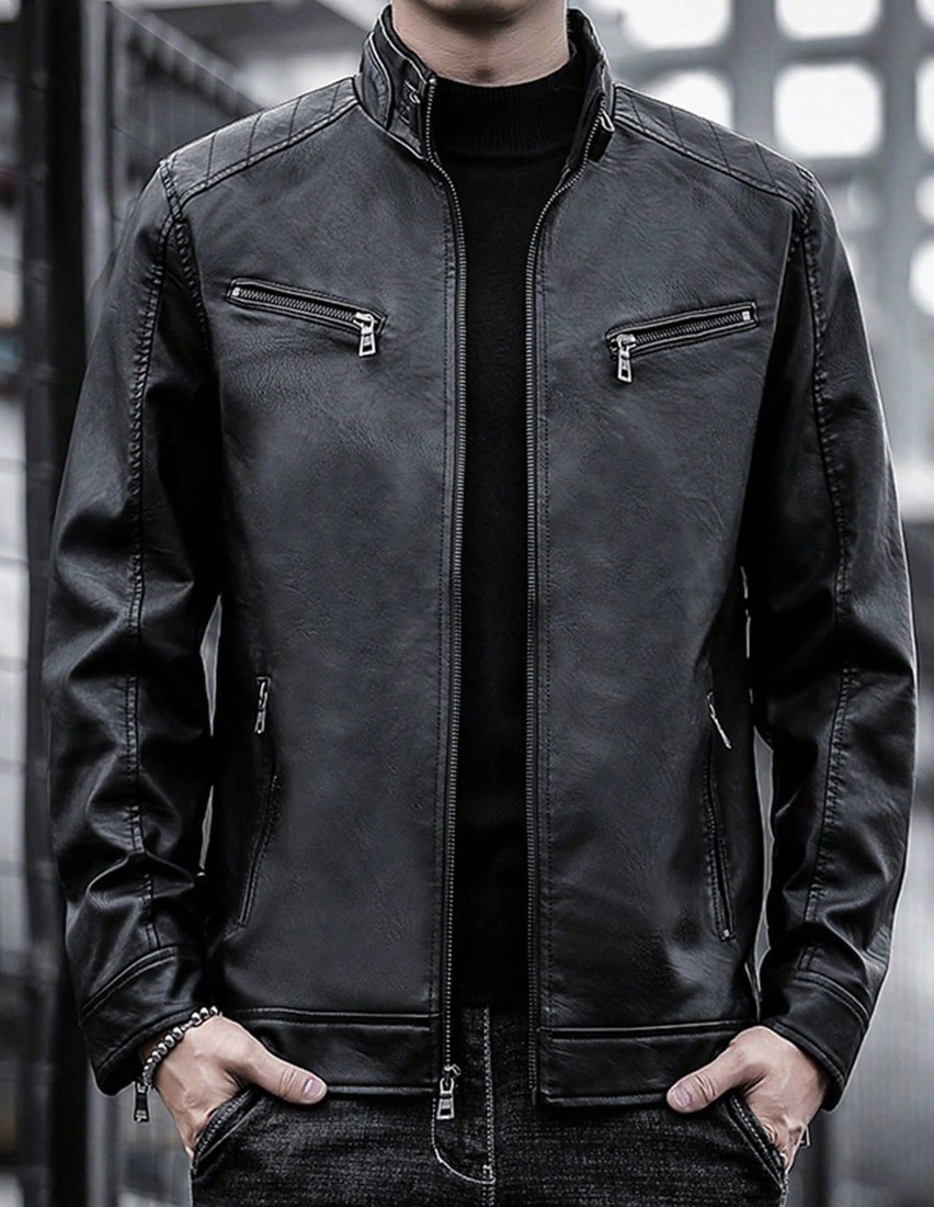 1pc Men s Leather Motorcycle Jacket Suitable For Outdoor Spring And Autumn