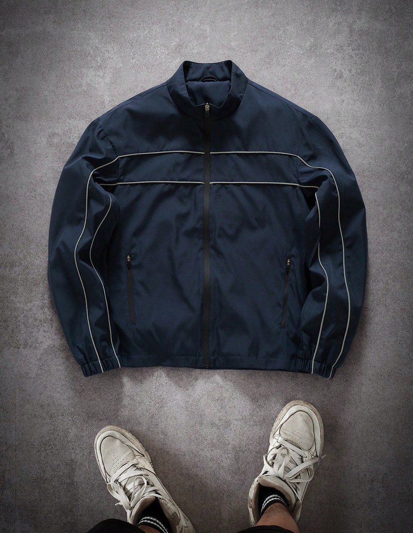 Men s Navy Blue Woven Fabric Long Sleeve Regular Length Jacket With Striped Detail