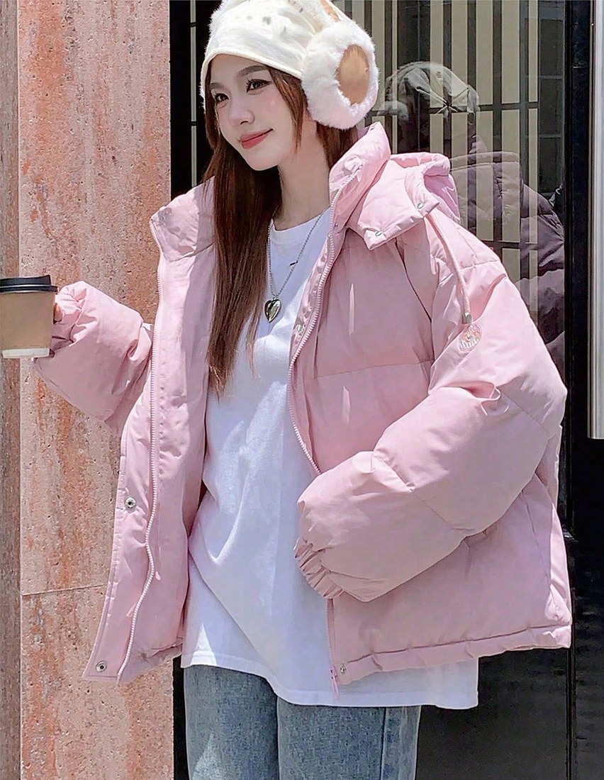女士纯色长袖拉链门襟休闲连帽冬季外套