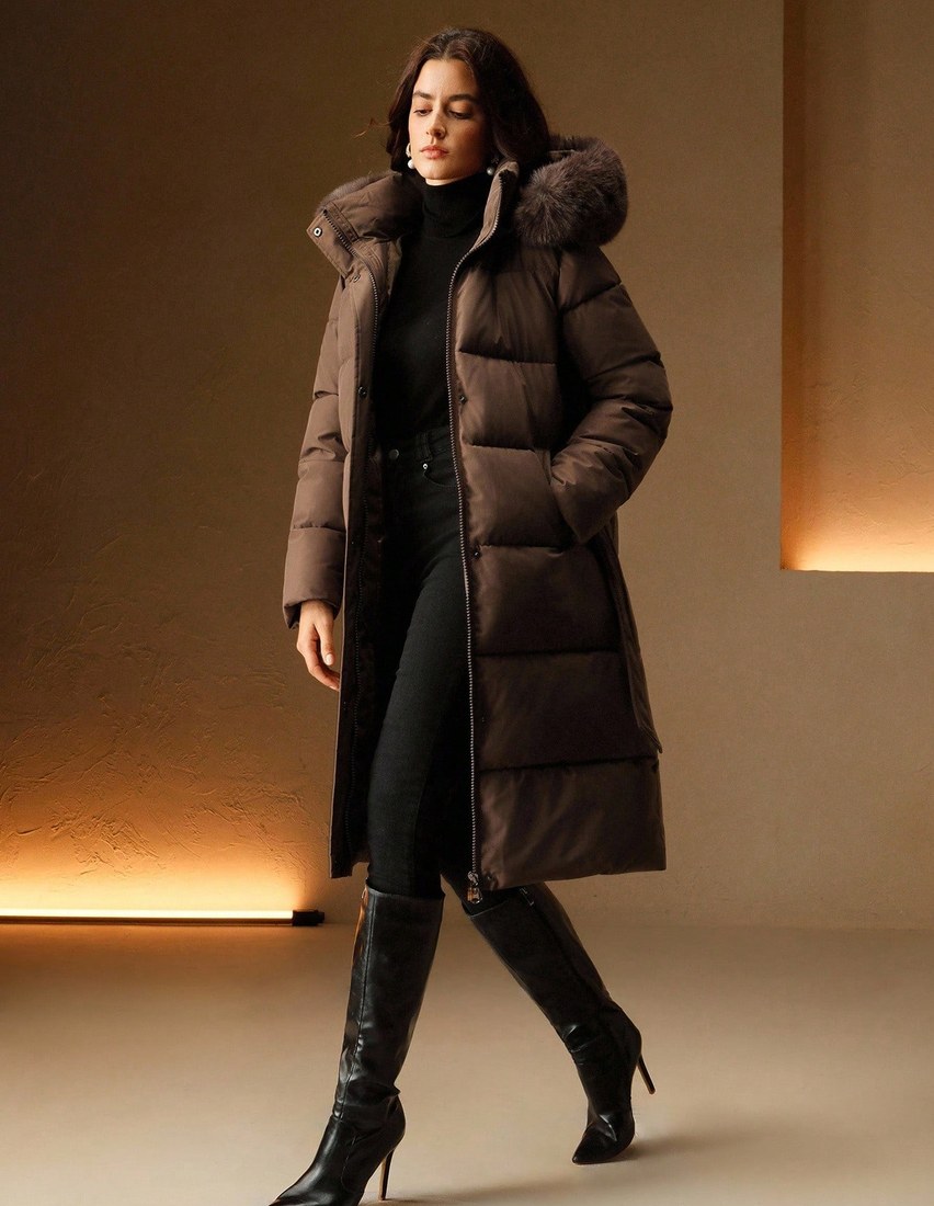 Women's Solid Color Long Sleeve Zip Up Hooded Padded Coat With Faux Fur Trim, Winter